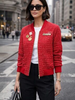 Mary Kay Red Tweed Bomber Jacket XL Reg Pink Satin Lined Zip Up w Brooch Set